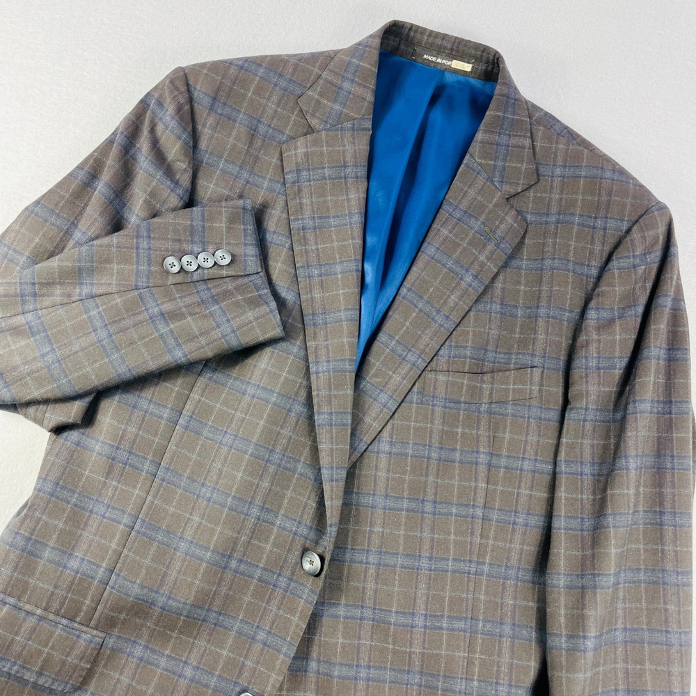 J. Hilburn Guabello Wool‎ Blazer Mens 45R Brown Blue Plaid Sport Coat Portugal